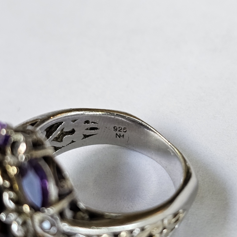 Vintage ✨️ Ammolite & Amethyst Ring in Palladium Sterling Silver Sz 6! - Picture 7 of 12
